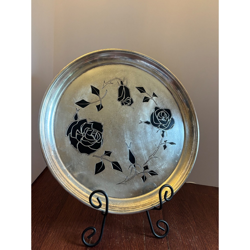Vintage MS Japan Silver Plated Round Tray Black Rose Hand Finished 12.5 Inch